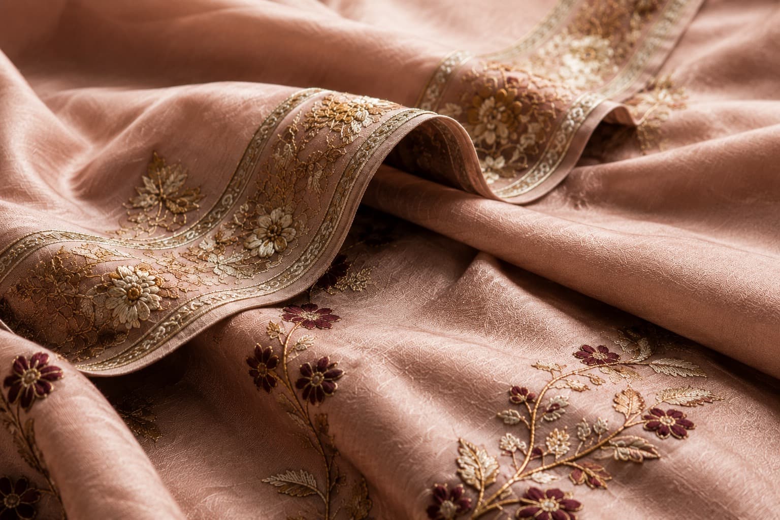 Hand-embroidered silk fabric with gold zari and floral thread work