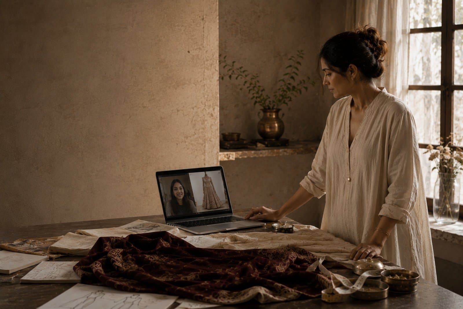 A designer on a video consultation, garment sketches on the screen beside her