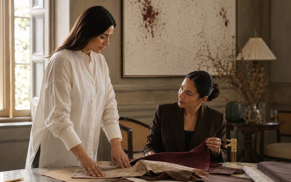Two women reviewing fabric samples at House of Aayushree