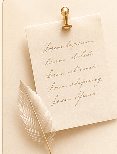 A handwritten note pinned with a gold pin, a feather quill beside it