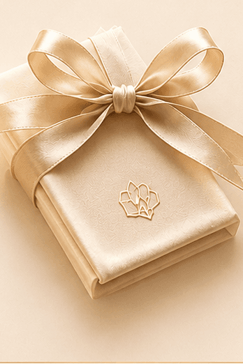 A wrapped ivory gift box with a gold satin bow and wax-seal monogram